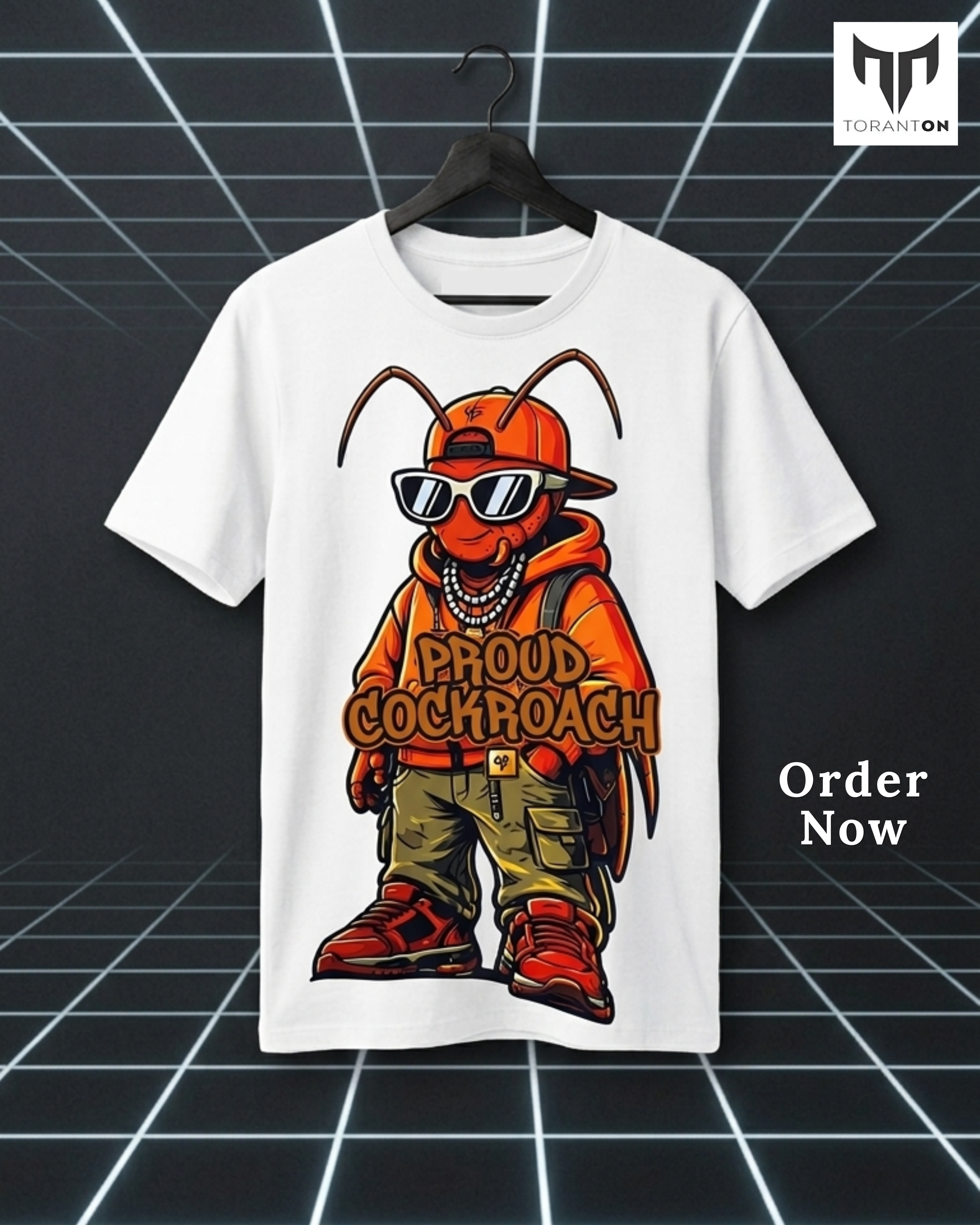 A white short-sleeve t-shirt hanging on a black hanger against a dark grid background. The shirt features a cartoon graphic of a cockroach dressed in an orange hoodie, sunglasses, and cargo pants with the text 'PROUD COCKROACH'.